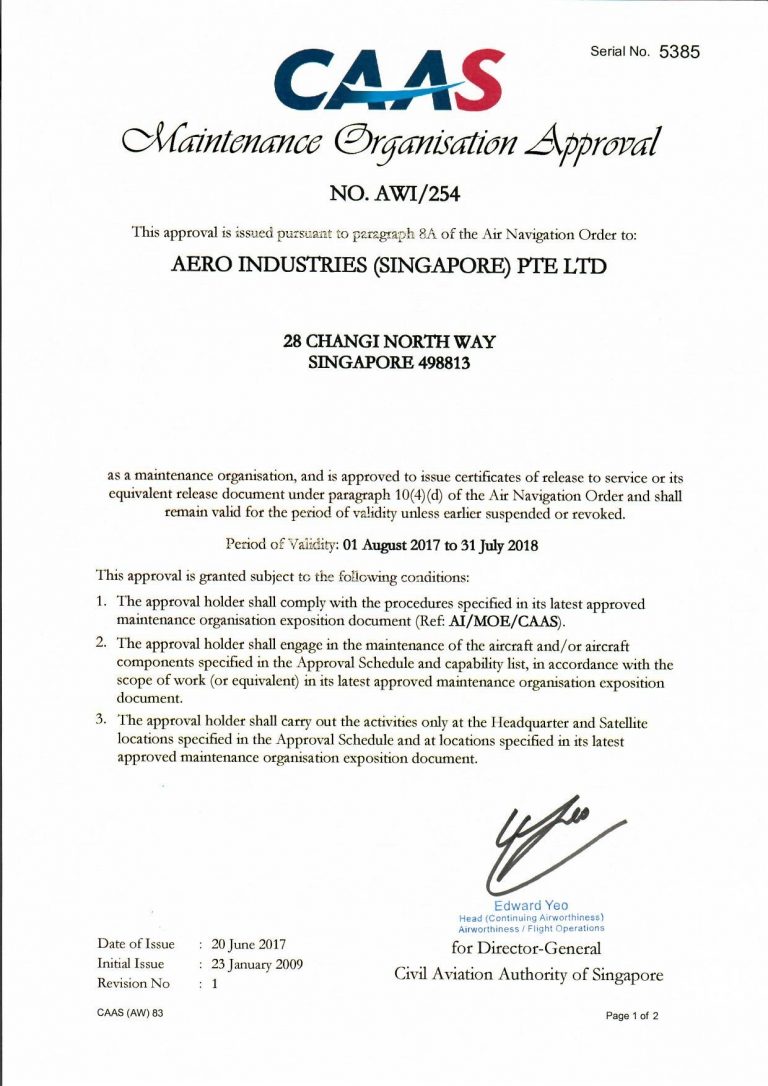 CAAS 145 Approval Certificate (2017-2018)