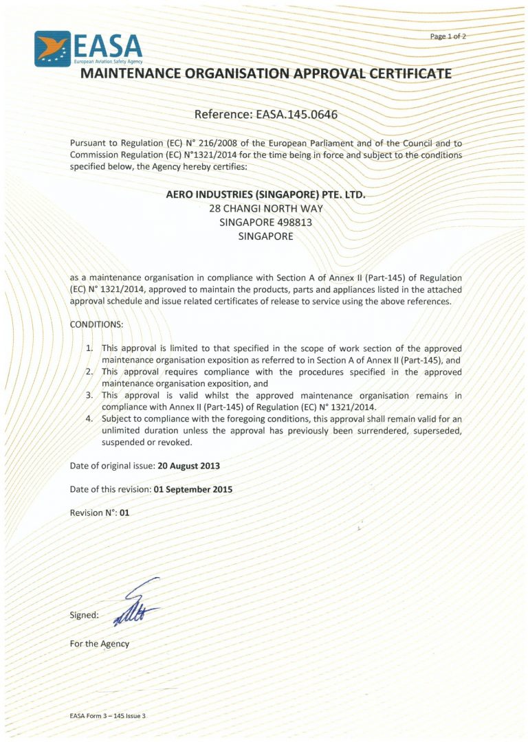 EASA 145 Approval Certificate