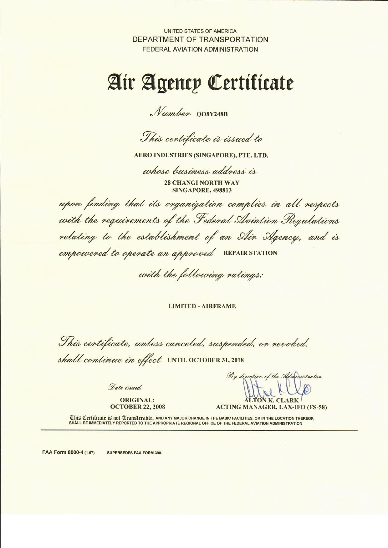 FAA Approval Certificate 2018